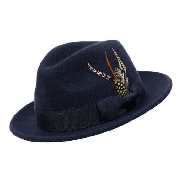MEN'S MONTIQUE 2" SNAP BRIM CRUSHABLE 100% WOOL FELT FEDORA HAT. H10 NAVY. - Picture 2 of 6